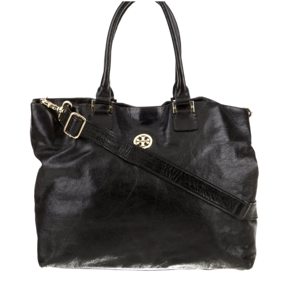 Tory Burch Black Leather Tote with Gold Logo Accent